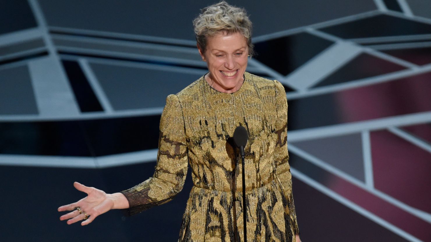 Frances McDormand accepts the award for best performance by an actress in a leading role for "Three Billboards Outside Ebbing, Missouri" at the Oscars on Sunday, March 4, 2018, at the Dolby Theatre in Los Angeles. (Photo by Chris Pizzello/Invision/AP)