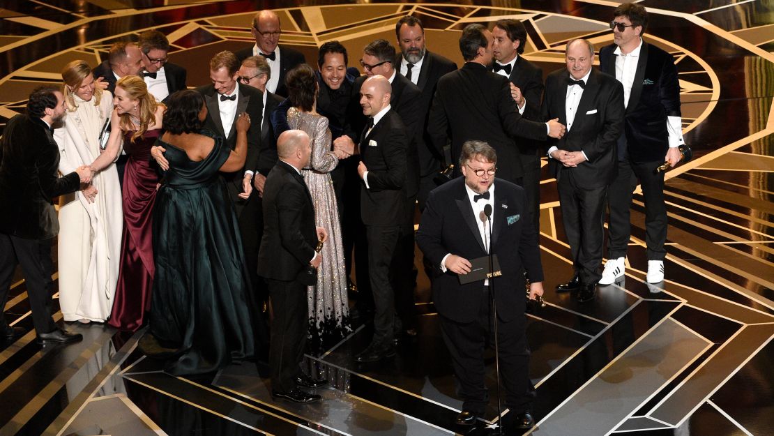 Guillermo del Toro and the cast and crew of "The Shape of Water" accept the award for best picture at the Oscars on Sunday, March 4, 2018