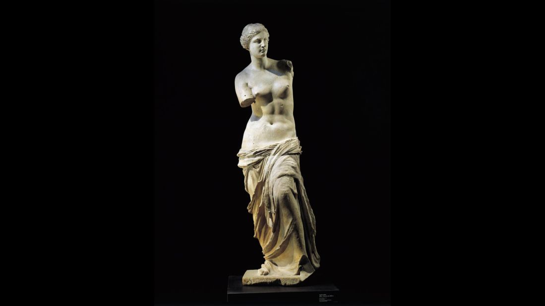 The marble sculpture "Venus de Milo" dates to about 100 BC. The 6-foot-tall statue is commonly thought to represent Aphrodite, the ancient Greek goddess of sexual love and beauty. 