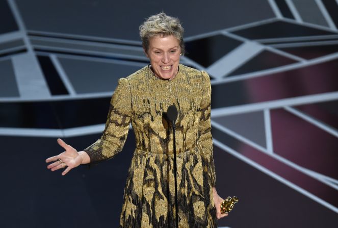 <strong>Frances McDormand (2018):</strong> For her role in the film "Three Billboard Outside Ebbing, Missouri," McDormand won her second Oscar for best actress. She won her first in 1997 ("Fargo"). During her acceptance speech in 2018, McDormand asked all the women nominees in the room to stand up with her. "We all have stories to tell and projects to be financed," she said. 