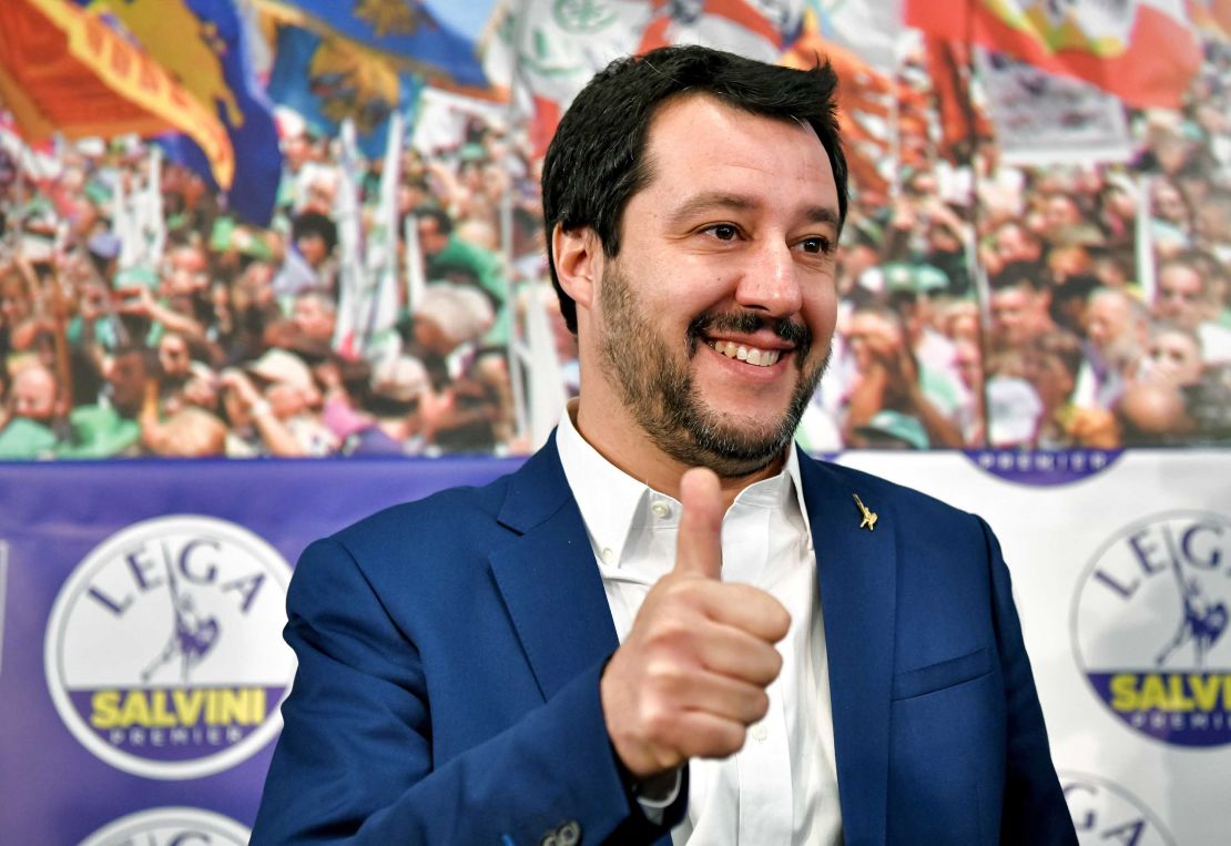 Salvini gives a thumb's up at League headquarters in Milan on Monday morning. 