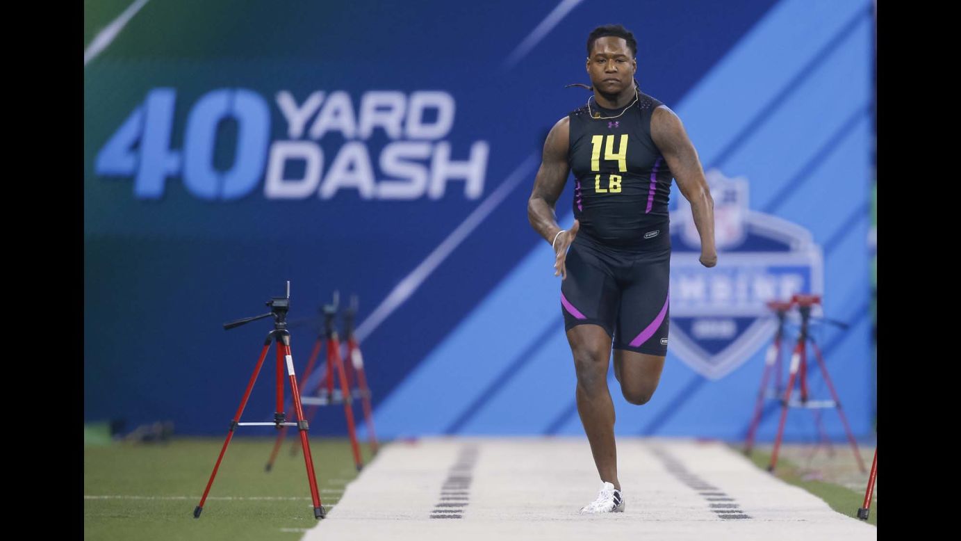 Shaquem Griffin runs the 40-yard dash during the NFL Scouting Combine on Sunday, March 4. Griffin, a former linebacker from the University of Central Florida, <a href="http://bleacherreport.com/articles/2762612-shaquem-griffin-one-handed-lb-overcomes-it-all-to-dominate-the-nfl-combine" target="_blank" target="_blank">made headlines for his strong performance at the combine.</a> He ran the 40 in 4.38 seconds, and he completed 20 bench-press reps with a prosthetic left hand. Griffin was 4 years old when he had his hand amputated because of a rare birth condition.