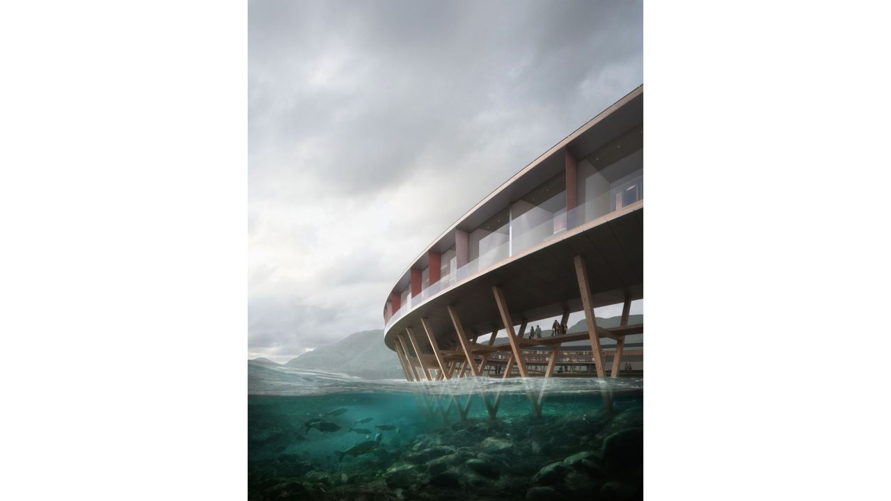 Suspended above a fjord, the hotel's wooden stilts echo a traditional type of fisherman's house. Rorbu were built half on land, and half on water. Their wooden poles  plunged into the fjord to support the part of the structure that hovered above the water. At Svart, a wooden boardwalk has been built between the poles at the hotel for visitors to enjoy.