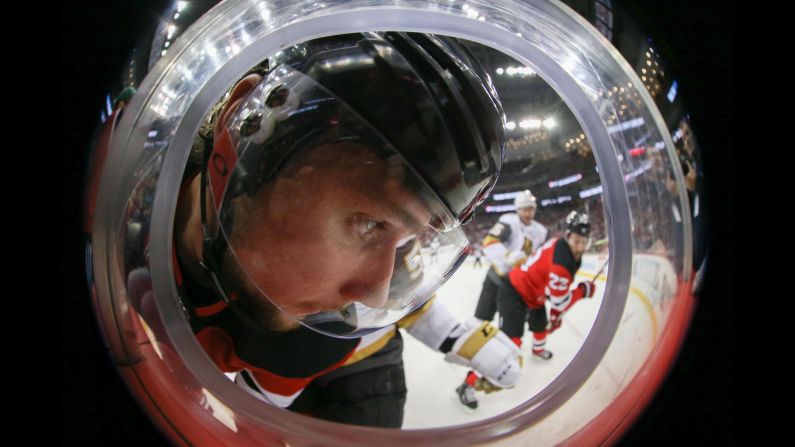New Jersey center Pavel Zacha plays along the boards during an NHL game against Vegas on Sunday, March 4.