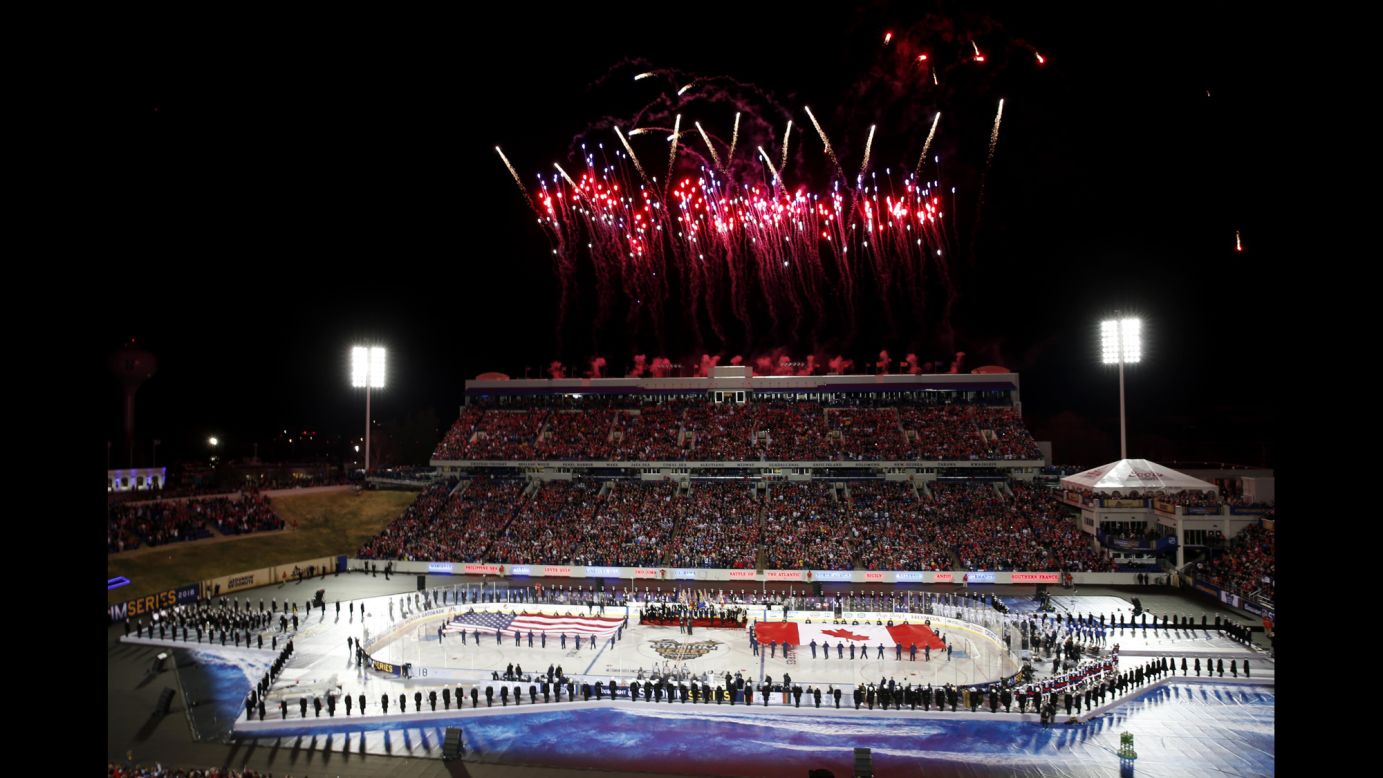 Fireworks explode over Navy-Marine Corps Memorial Stadium before a hockey game in Annapolis, Maryland, on Saturday, March 3. The Washington Capitals defeated the Toronto Maple Leafs 5-2 as part of the NHL's annual Stadium Series.