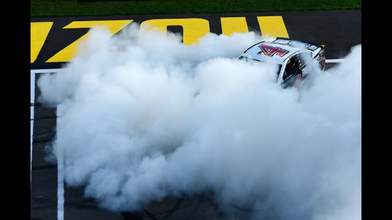 NASCAR driver Kevin Harvick does a celebratory burnout after winning the Cup Series race in Las Vegas on Sunday, March 4.