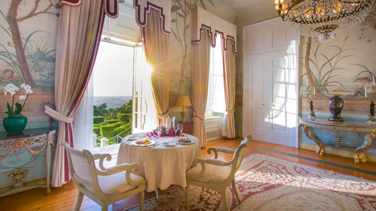 <strong>"Own a Palace for a Day" in the Sintra Mountains, Portugal:</strong>  Amenities include an outdoor swimming pool with sea views, opulent ballrooms and a restaurant with an outside terrace overlooking the gardens and mazes.