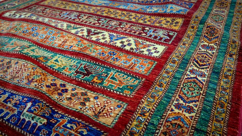 <strong>Animal symbols: </strong>Another Ghazni rug, this one bearing symbols of animals including goats and peacocks. Bhat says the goats signify wealth, while the peacocks mean divine protection. This rug is priced at approximately $1,700.