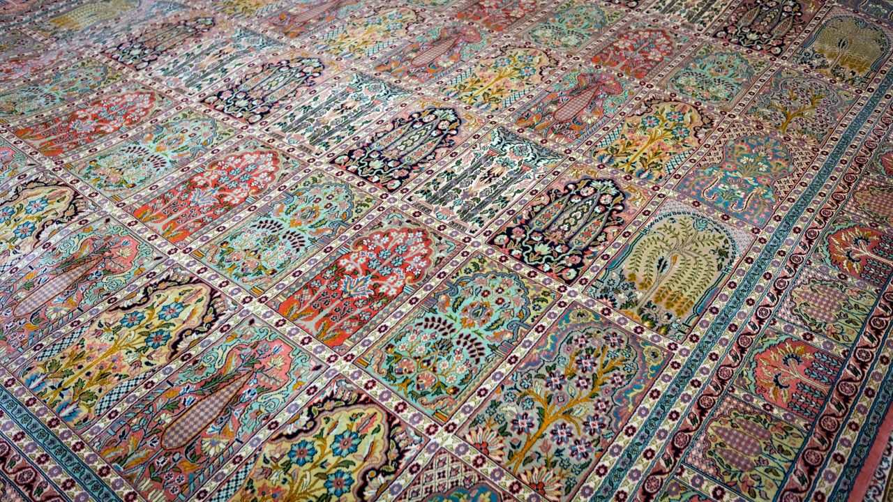 The greens in this Kashmiri rug were created using fresh pistachios.