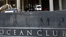 View of the hotel entrance sign after the Trump letters were removed, outside the hotel in Panama City on March 5, 2018. 
Panamanian prosecutors are investigating a dispute between owners and the management of a Trump hotel, a skyscraper that cuts a distinctive figure among the towers crowding the capital city. / AFP PHOTO / RODRIGO ARANGUA        (Photo credit should read RODRIGO ARANGUA/AFP/Getty Images)