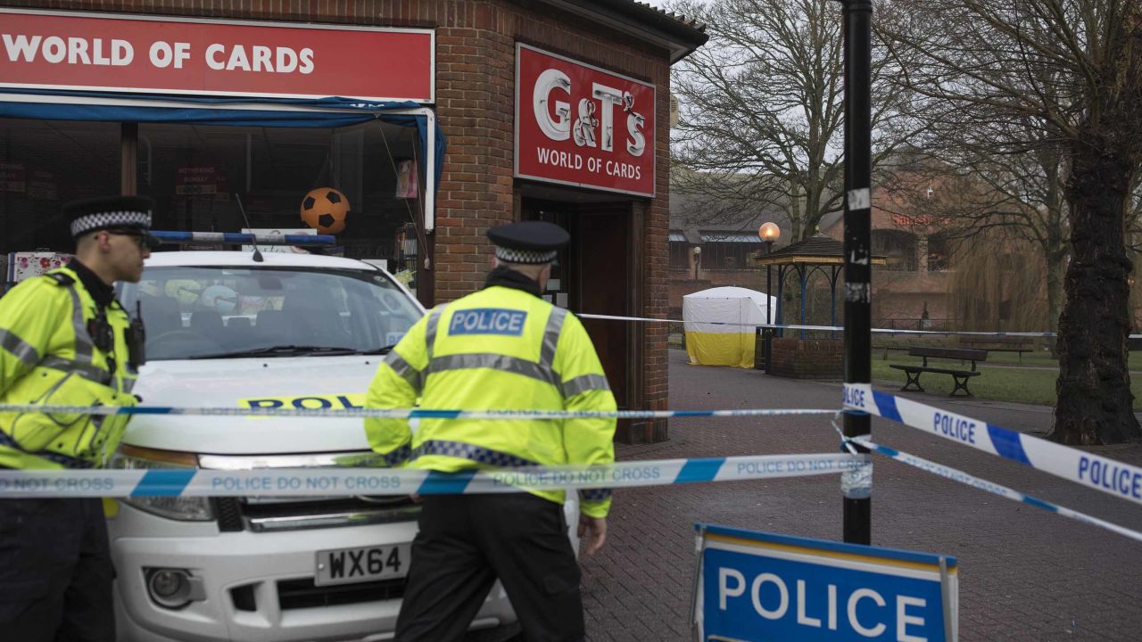 A forensic tent stands over a bench were Skripal and his daughter were found in Salisbury, England.