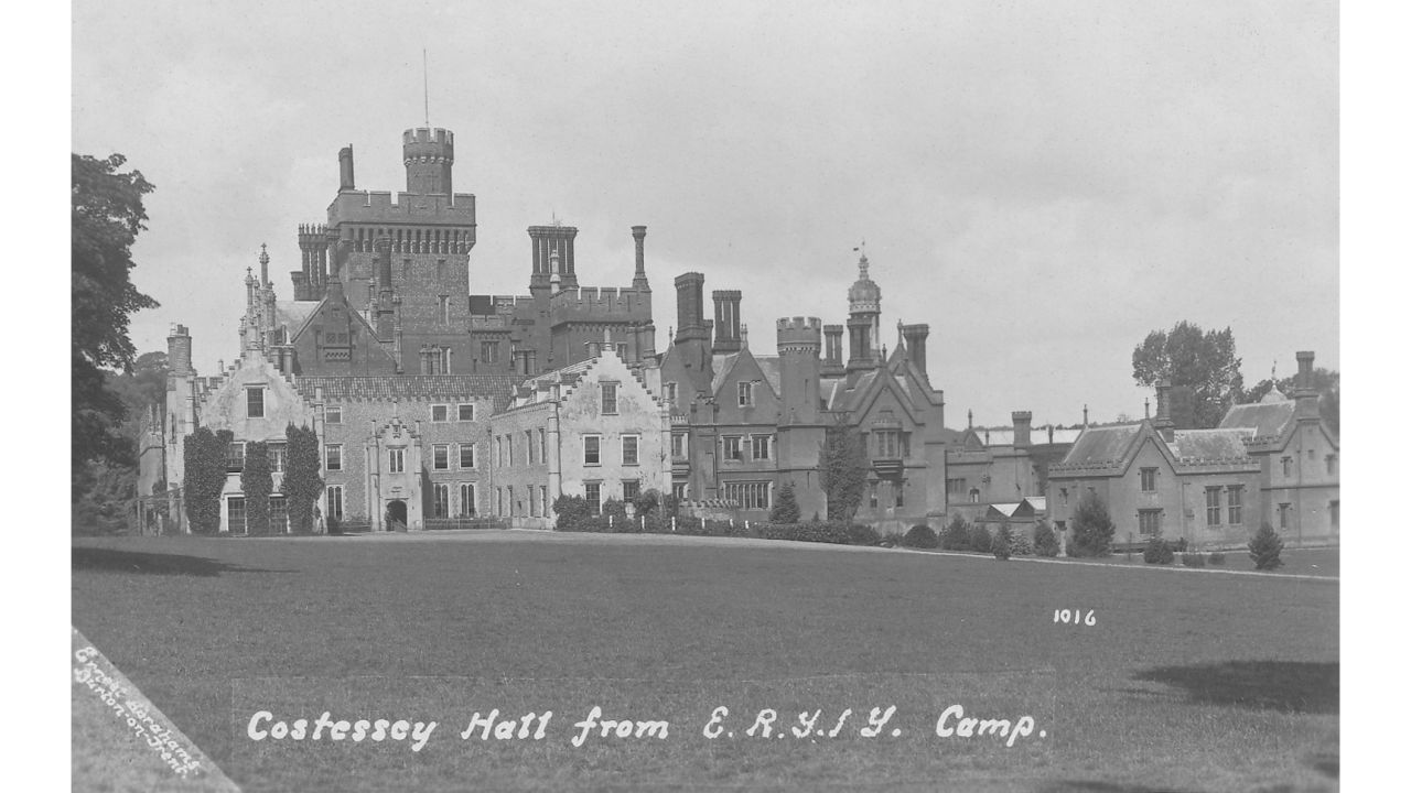 An almost Disney-esque confection of towers, crenellations and gothic windows, Costessey Hall was built for the Jerningham family in the 1830s. The family line died out in 1913, sounding the death knell for the house. It  was pulled down in 1918 leaving just the belfry block, which now marks lonely time by the 18th hole of the golf course that replaced the house.
