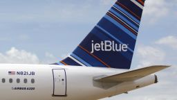 A JetBlue A320 is parked at Brookley Field after a ground breaking ceremony for an assembly line for the Airbus A320 at Brookley Aeroplex in Mobile, Alabama on April 8, 2013.  AFP PHOTO/ Matthew Hinton        (Photo credit should read Matthew HINTON/AFP/Getty Images)