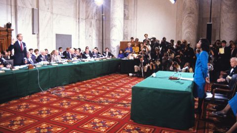 Anita Hill stand to be sworn in to testify before the Senate Judiciary Committee in October 1991.