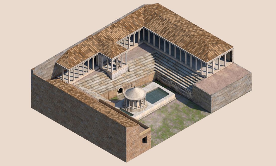 A reconstruction of the complex surrounding the Plutonium, including benches for specators