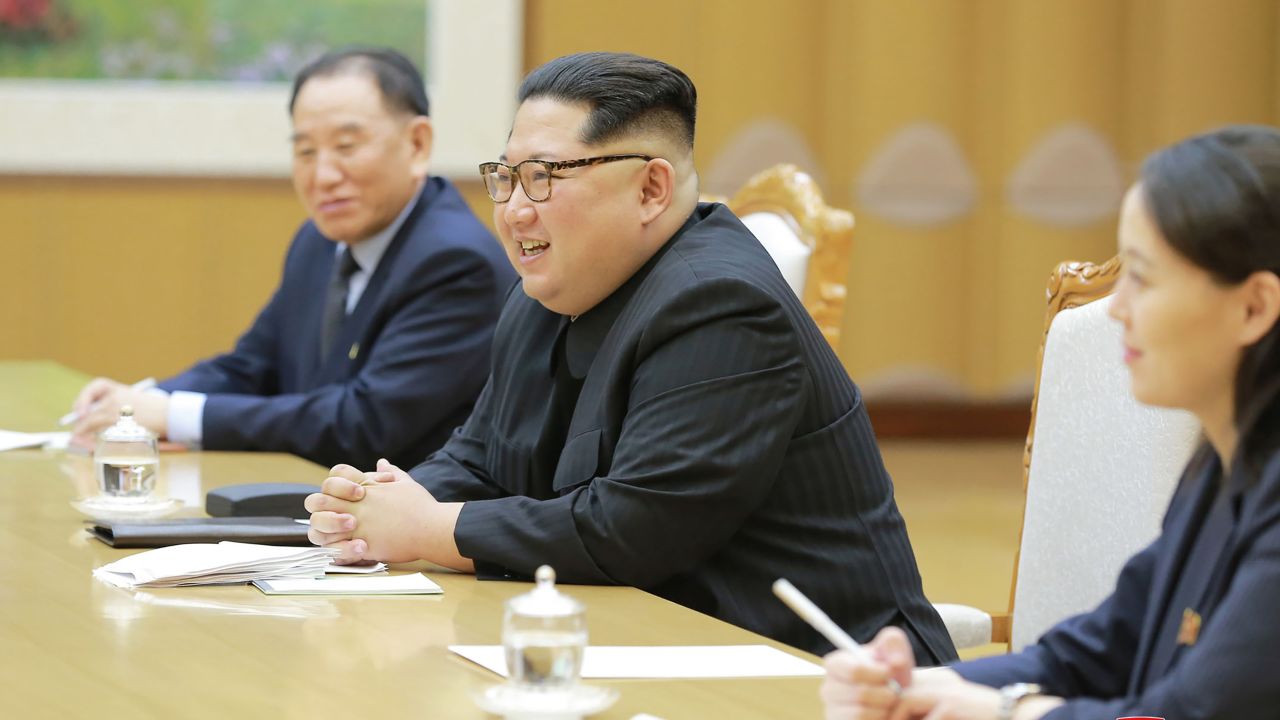 This picture  released from North Korea's official Korean Central News Agency (KCNA) on Tuesday shows North Korean leader Kim Jong Un (center) meeting with the South Korean delegation. To Kim's right is his sister and confidante, Kim Yo Jong.