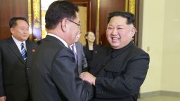 This picture taken on March 5, 2018 and released from North Korea's official Korean Central News Agency (KCNA) on March 6, 2018 shows North Korean leader Kim Jong-Un (R) shaking hands with South Korean chief delegator Chung Eui-yong (C), who travelled as envoys of the South's President Moon Jae-in, during their meeting in Pyongyang.  
North Korean leader Kim Jong Un discussed ways to ease tensions on the peninsula with visiting South Korean envoys, the state KCNA news agency reported on March 6. / AFP PHOTO / KCNA VIA KNS / STR / / AFP PHOTO / KCNA VIA KNS / STR / SOUTH KOREA OUT / REPUBLIC OF KOREA OUT   ---EDITORS NOTE--- RESTRICTED TO EDITORIAL USE - MANDATORY CREDIT "AFP PHOTO/KCNA VIA KNS" - NO MARKETING NO ADVERTISING CAMPAIGNS - DISTRIBUTED AS A SERVICE TO CLIENTS        (Photo credit should read STR/AFP/Getty Images)