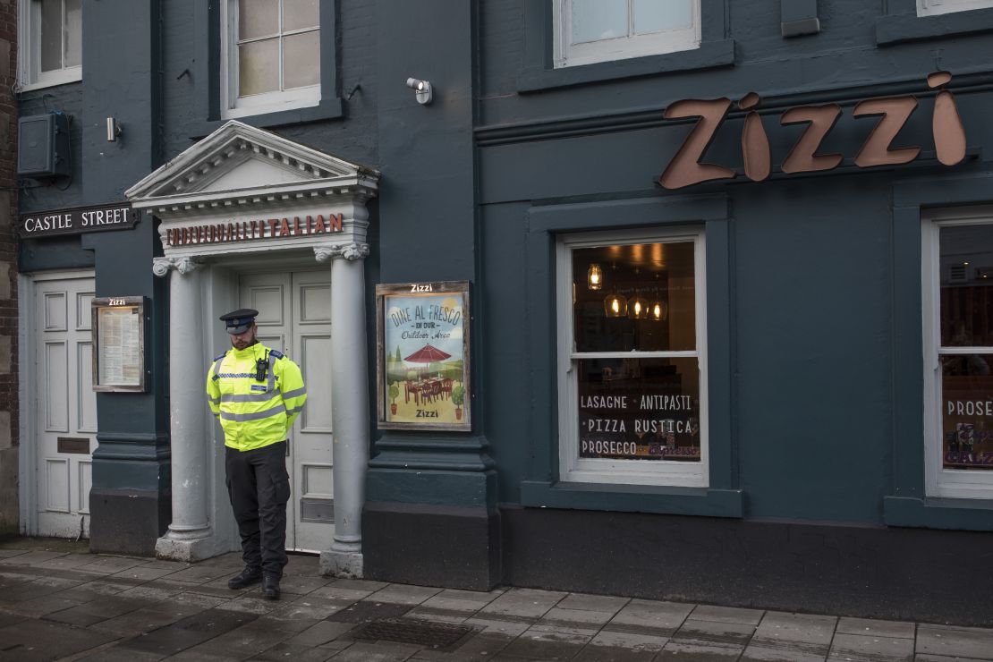 A police officer stands outside Zizzi restaurant in Salisbury, close to where the Skripals were found.  