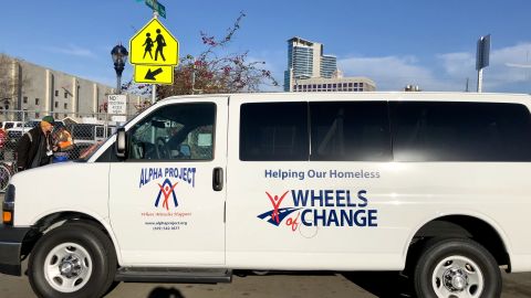 The San Diego "Wheels of Change" van, which transports the newly employed work teams to their cleanup sites.