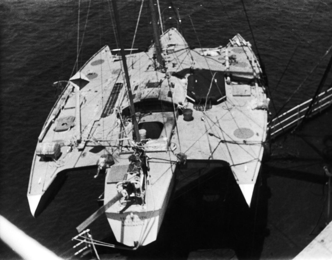 Donald Crowhurst's boat, the Teignmouth Electron, is hoisted onto another vessel after being found. 