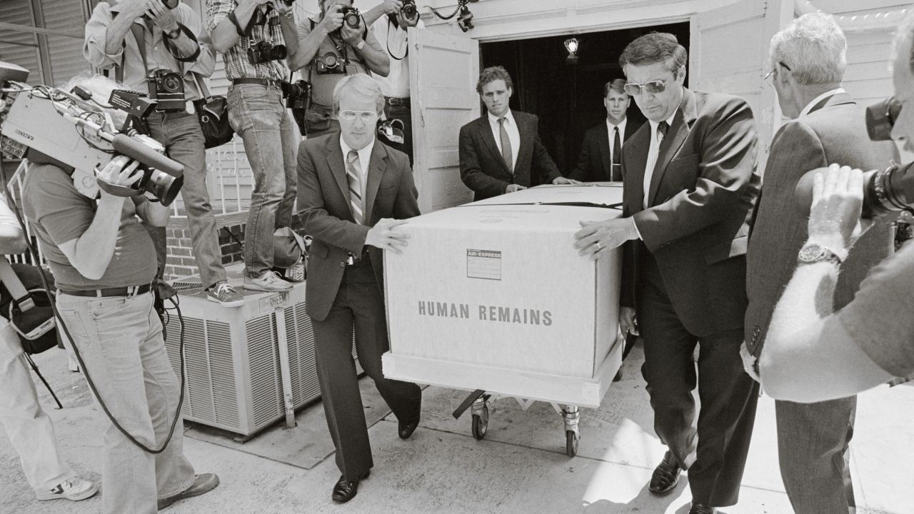 Family members accompany David Kennedy's body after his 1984 drug overdose.