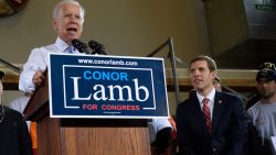 PITTSBURGH, PA - MARCH 6: Former Vice President Joe Biden speaks at a rally in support of Democratic congressional candidate Conor Lamb Tuesday March 6, 2018 at Robert Morris University in Pittsburgh. Lamb is running in a tight race for the vacated seat of Congressman Tim Murphy against Rick Saccone. President Donald Trump plans to visit Pennsylvania's 18th Congressional District March 10, 2018 in a bid to help  Saccone. (Photo by Jeff Swensen/Getty Images)