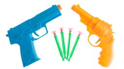 Plastic toy gun with darts isolated on white background; Shutterstock ID 631857956; Job: -