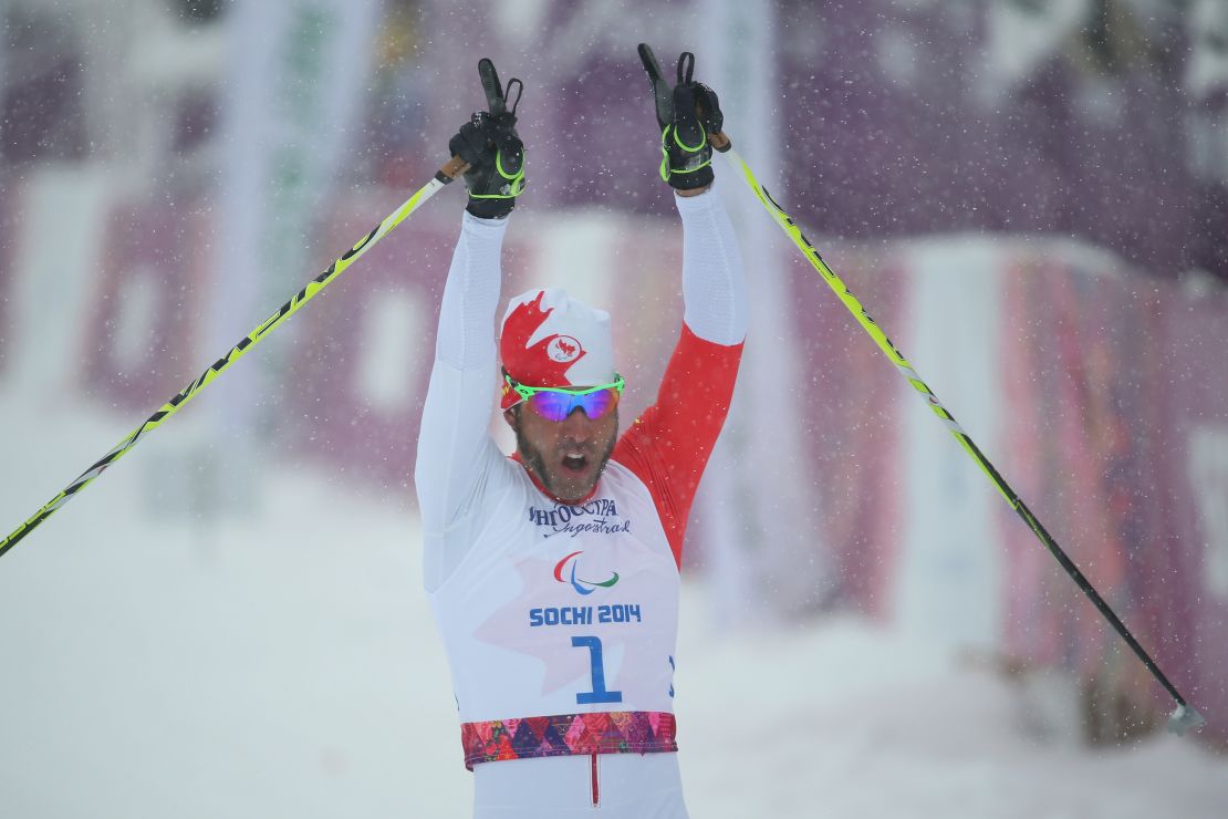 Canadian cross-country skier Brian McKeever takes gold in the 1km sprint, visually impaired, in Sochi.