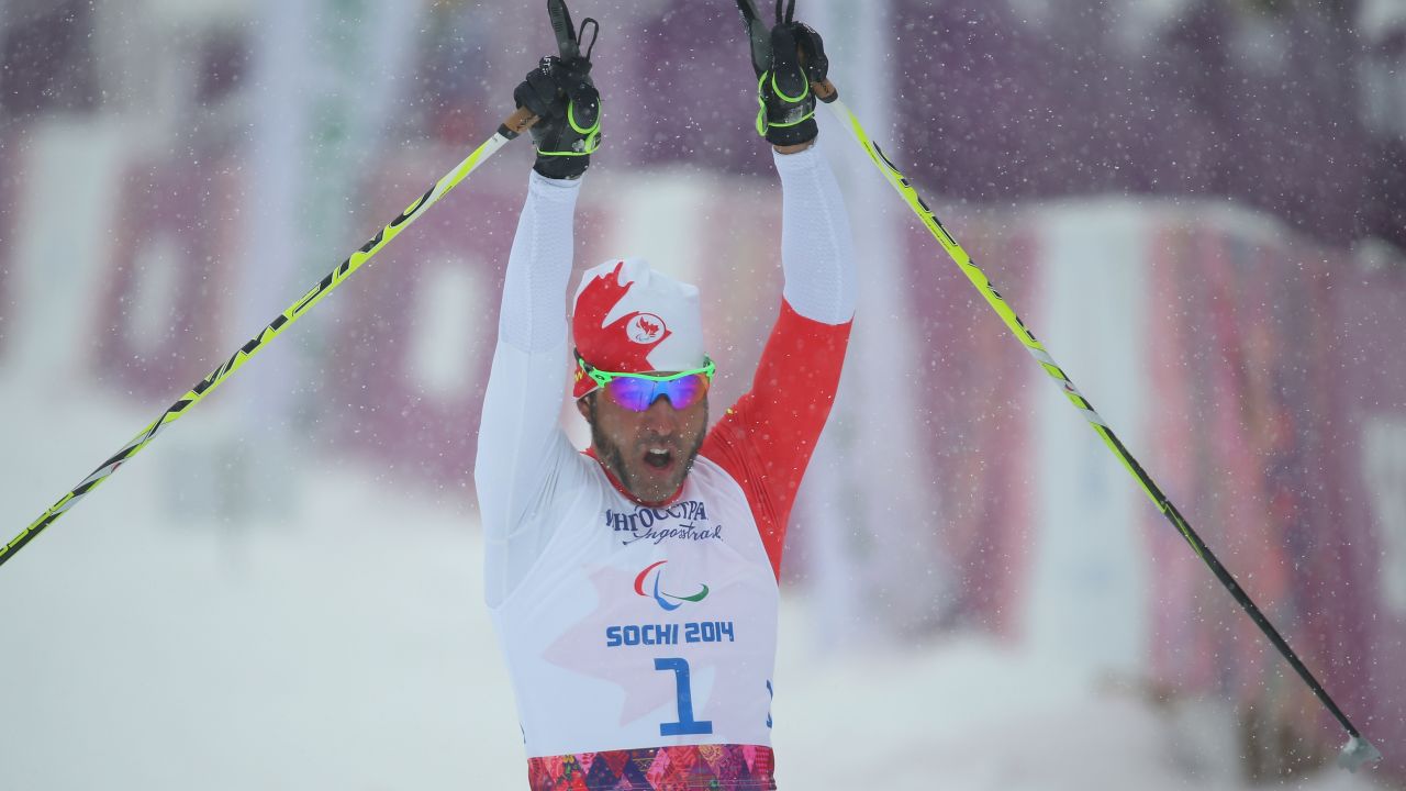 Canadian cross-country skier Brian McKeever takes gold in the 1km sprint, visually impaired, in Sochi.