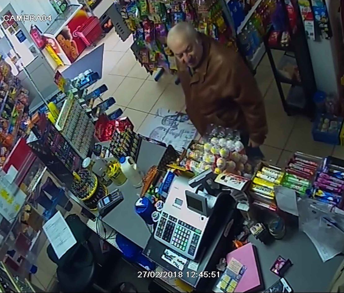 Surveillance footage shows Sergei Skripal shopping at a convenience store days before he was poisoned.
