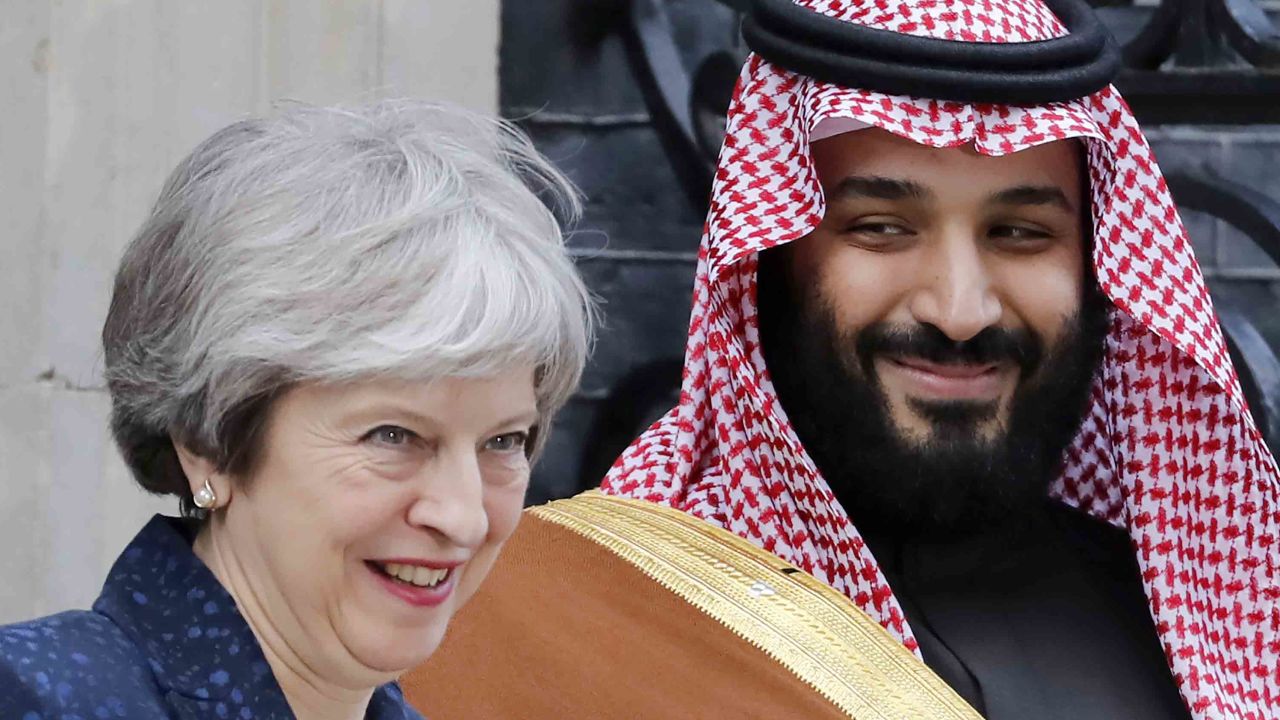 Britain's Prime Minister Theresa May greets Saudi Arabia's Crown Prince Mohammed bin Salman  outside 10 Downing Street.