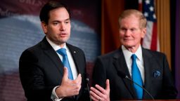 UNITED STATES - MARCH 7: Sen. Marco Rubio, R-Fla., left, and Sen. Bill Nelson, D-Fla., hold a press conference on their gun violence restraining order bill on Wednesday, March 7, 2018. (Photo By Bill Clark/CQ Roll Call)