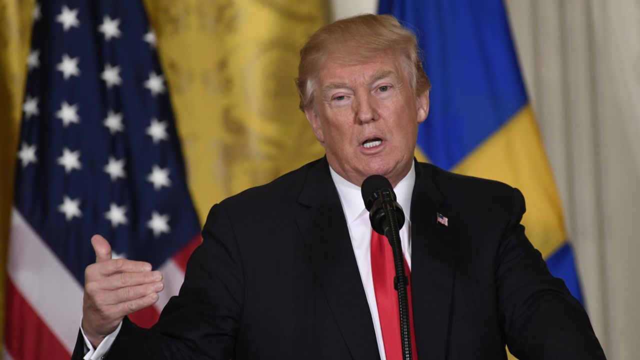 US President Donald Trump speaks as he holds a joint press conference with  Swedish Prime Minister Stefan L?fven at the White House on March 6, 2018, in Washington, DC.  / AFP PHOTO / SAUL LOEB        (Photo credit should read SAUL LOEB/AFP/Getty Images)