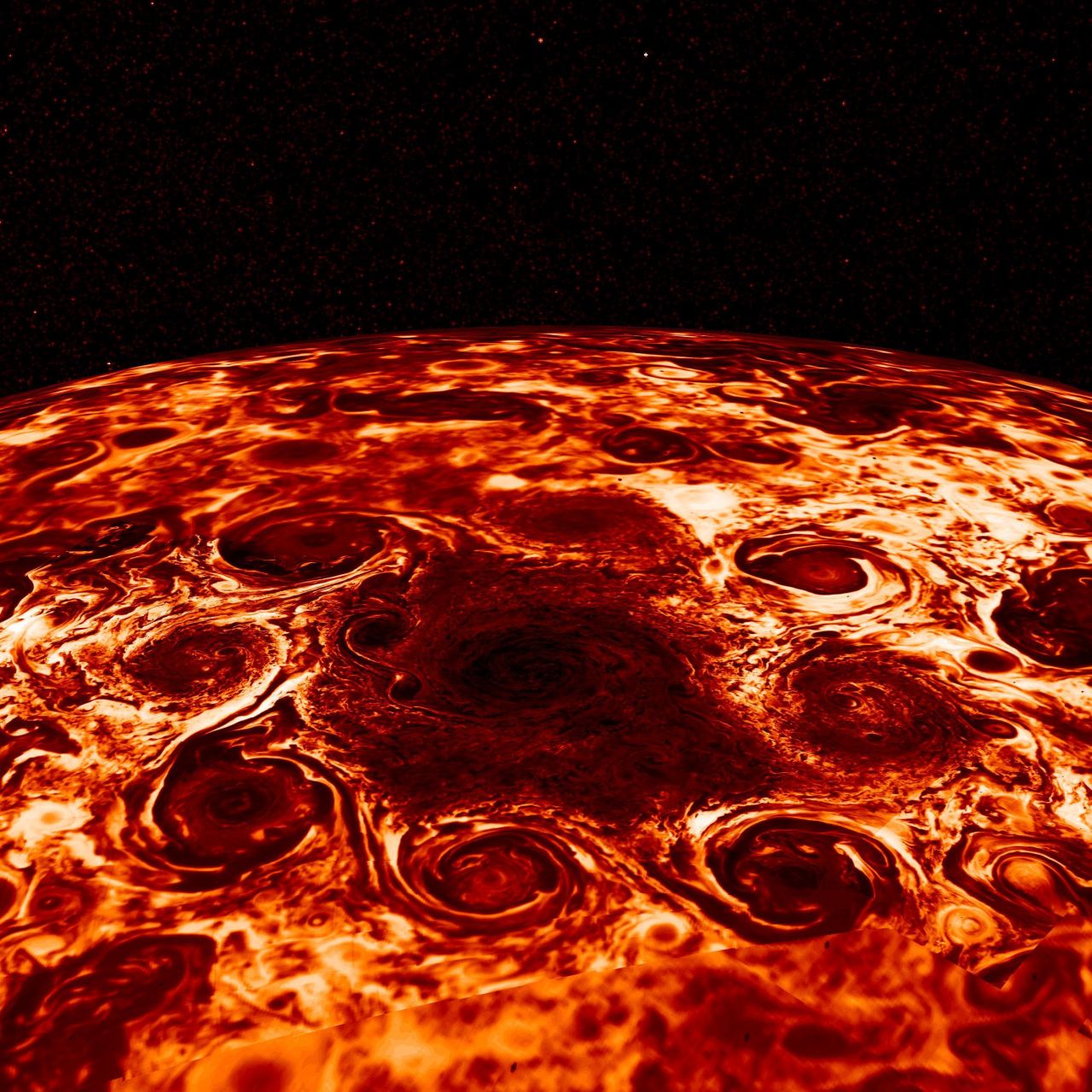 This composite image, derived from data collected by the Jovian Infrared Auroral Mapper (JIRAM) instrument aboard NASA's Juno mission to Jupiter, shows the central cyclone at the planet's north pole and the eight cyclones that encircle it.