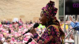 WASHINGTON, DC - JANUARY 21:  Angelique Kidjo speaks onstage at the Women's March on Washington on January 21, 2017 in Washington, DC.  (Photo by Kevin Mazur/WireImage)