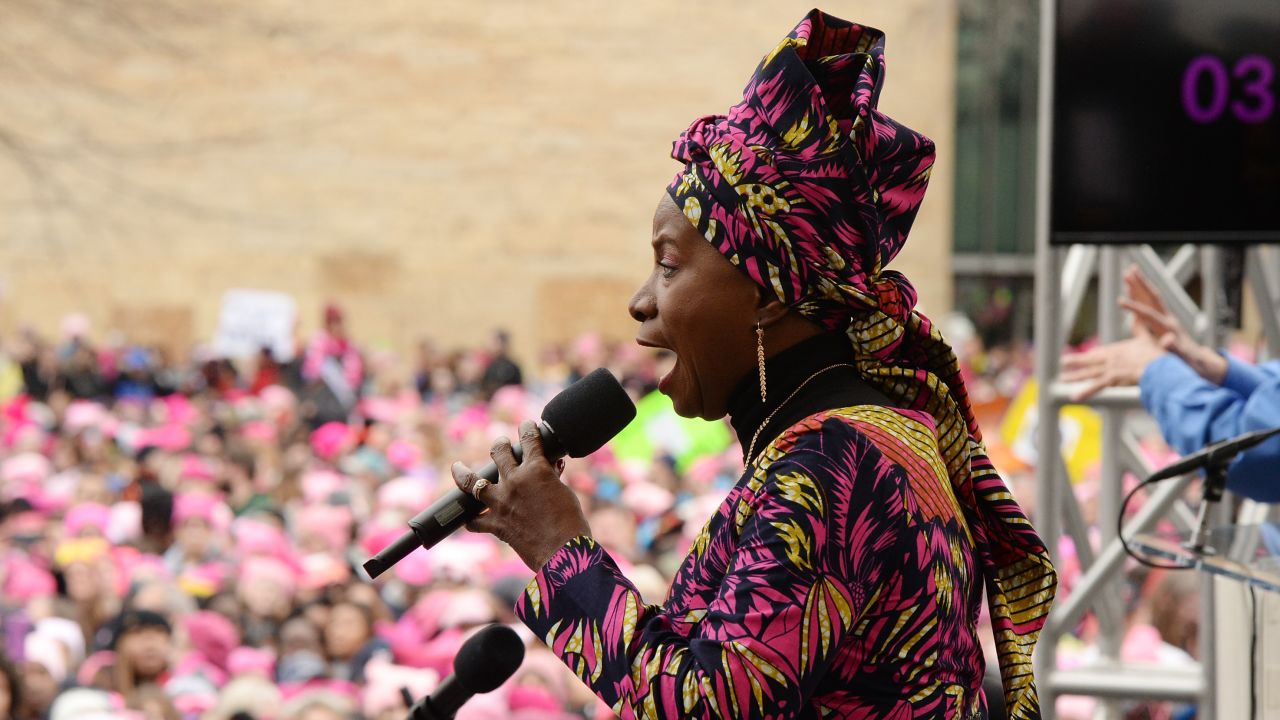 Angelique Kidjo speaks onstage at the Women's March on January 21, 2017 in Washington, DC.