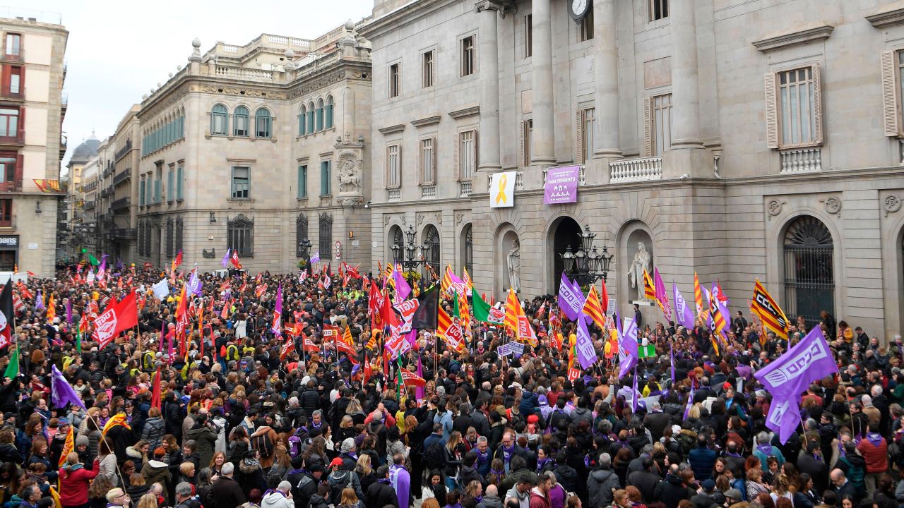Demonstrators gathered at the Sant Jaume square in Barcelona Thursday during the one-day strike. 