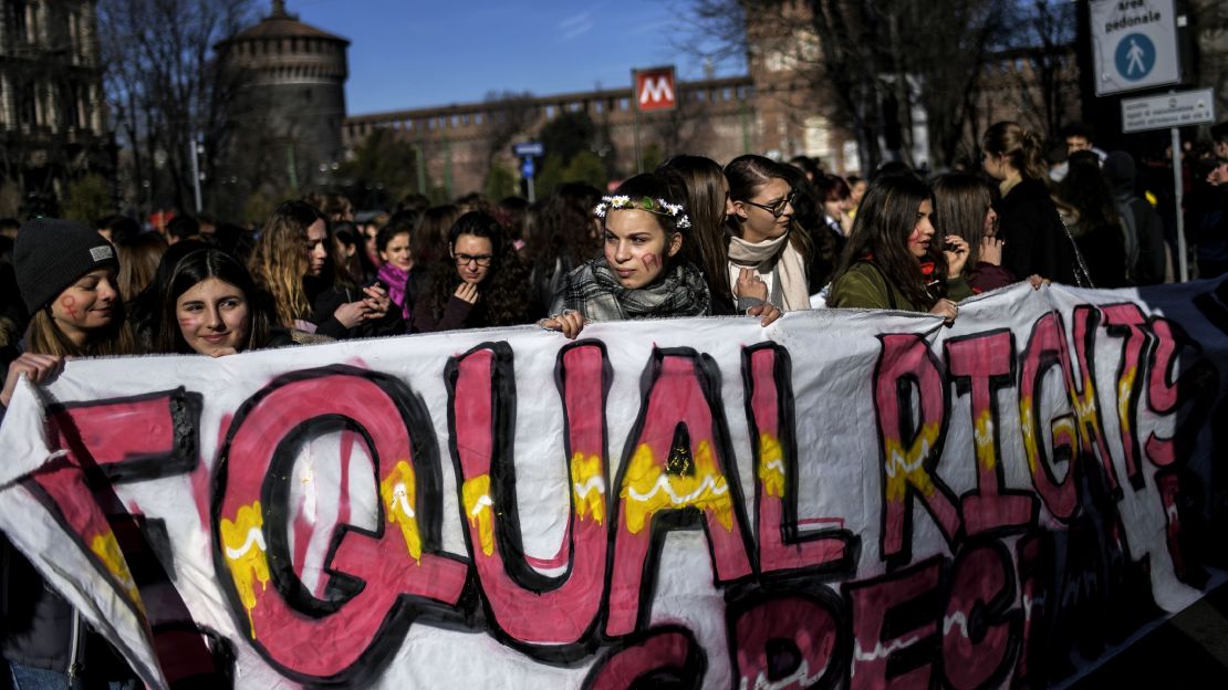 Young women took to the streets of Milan, Italy, as part of the International Women's Day protests.