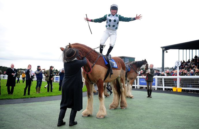 The young flier has become accustomed to celebrating race wins. Here she jumps off Stobillee Sirocco after winning the Exeter Racecourse Clydesdale Stakes last year.