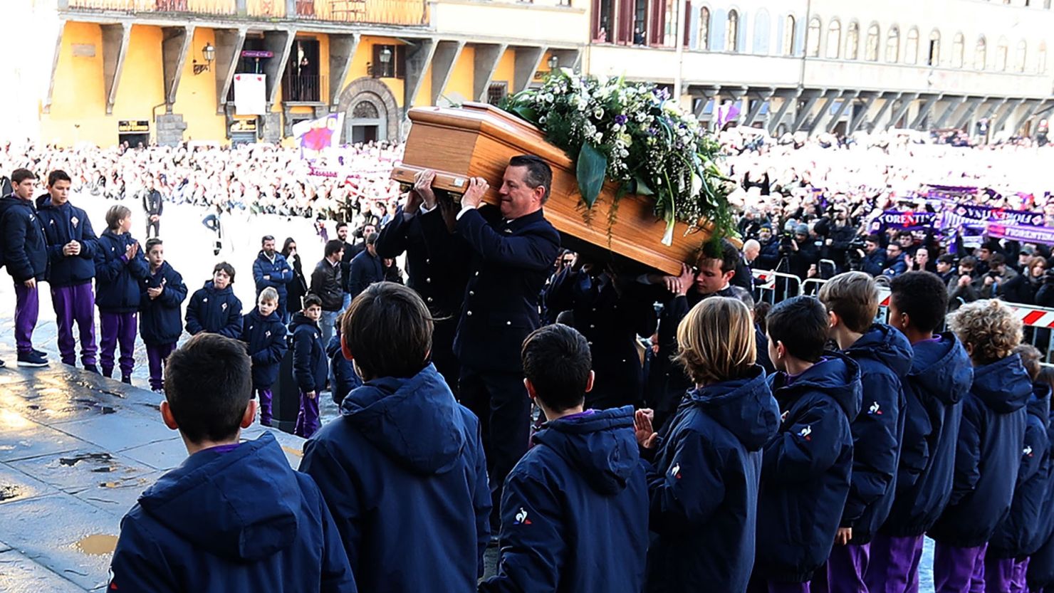 The coffin of Fiorentina captain Davide Astori is carried into the Basilica di Santa Croce Thursday.