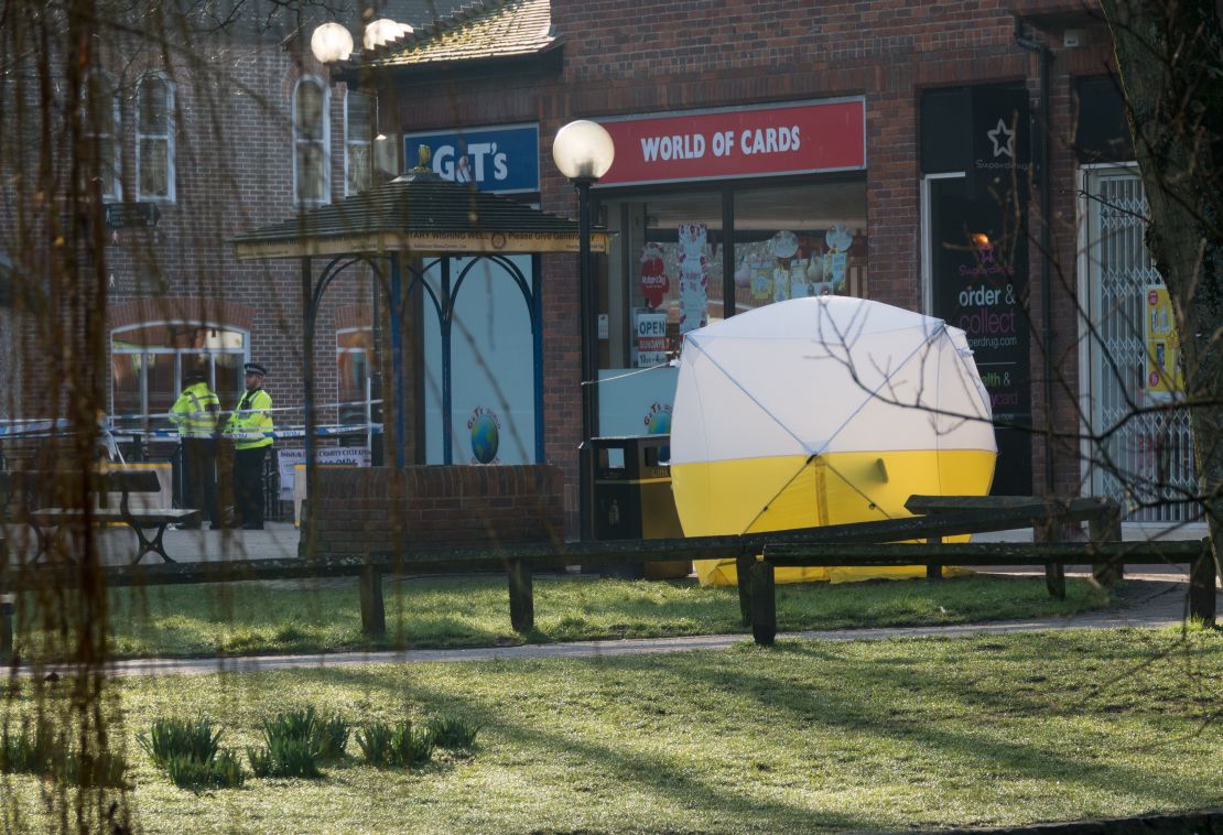 A police tent covering a bench where Skripal and his daughter Yulia were found critically ill.