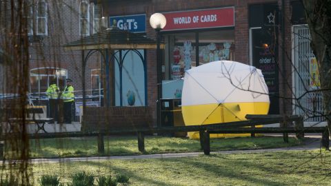A police tent covering a bench where Skripal and his daughter Yulia were found critically ill.
