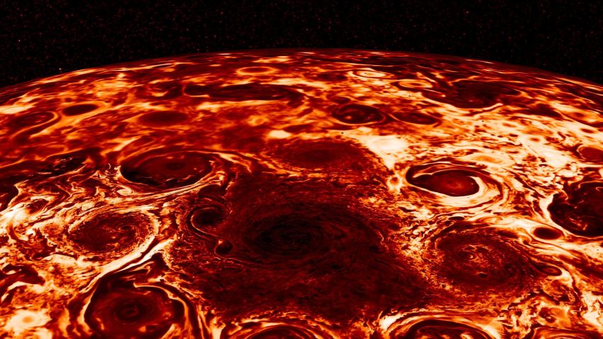 This composite image, derived from data collected by the Jovian Infrared Auroral Mapper (JIRAM) instrument aboard NASA's Juno mission to Jupiter, shows the central cyclone at the planet's north pole and the eight cyclones that encircle it.