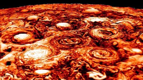 This computer-generated image shows the structure of the cyclonic pattern observed over Jupiter's south pole. Like in the North, Jupiter's south pole also contains a central cyclone, but it is surrounded by five cyclones with diameters ranging from 3,500 to 4,300 miles (5,600 to 7,000 kilometers) in diameter. 
