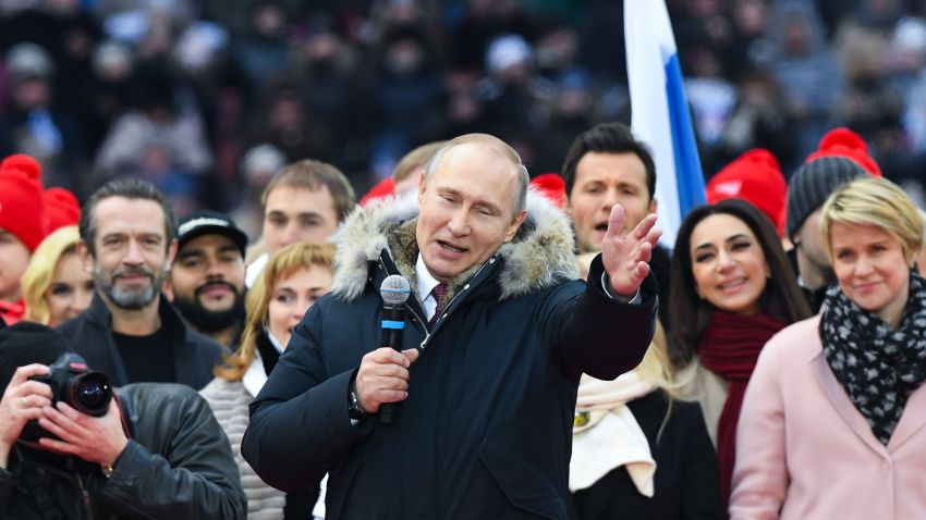 TOPSHOT - Presidential candidate, President Vladimir Putin gives a speech during a rally to support his candidature in the upcoming presidential election at the Luzhniki stadium in Moscow on March 3, 2018.
Russians will go to the polls on March 18, 2018. / AFP PHOTO / Kirill KUDRYAVTSEV        (Photo credit should read KIRILL KUDRYAVTSEV/AFP/Getty Images)