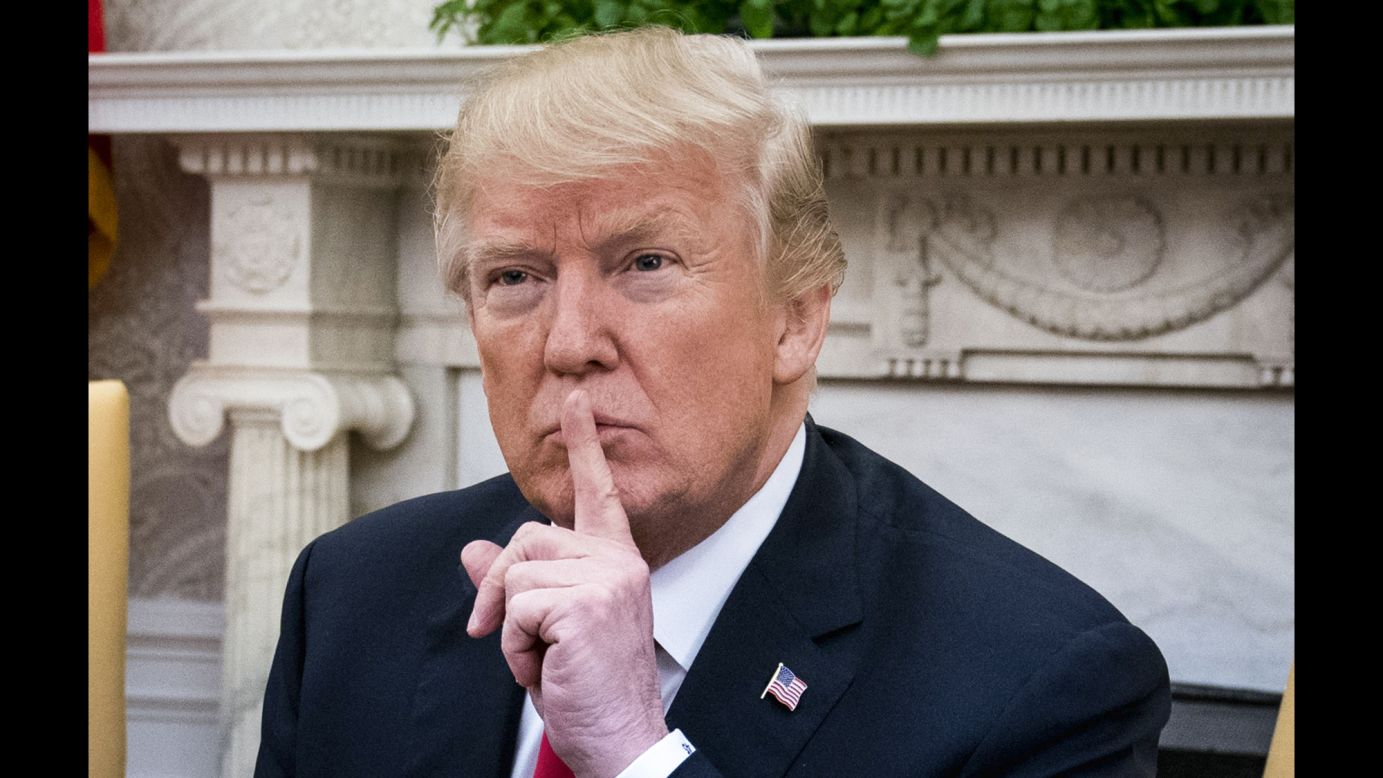 US President Donald Trump gestures to a reporter who was trying to ask a question before Trump made a statement at the White House on Tuesday, March 6. <a href="https://www.cnn.com/2018/03/06/politics/donald-trump-stefan-lfven-sweden/index.html" target="_blank">Trump was meeting with Swedish Prime Minister Stefan Löfven,</a> and the two later had a joint news conference.