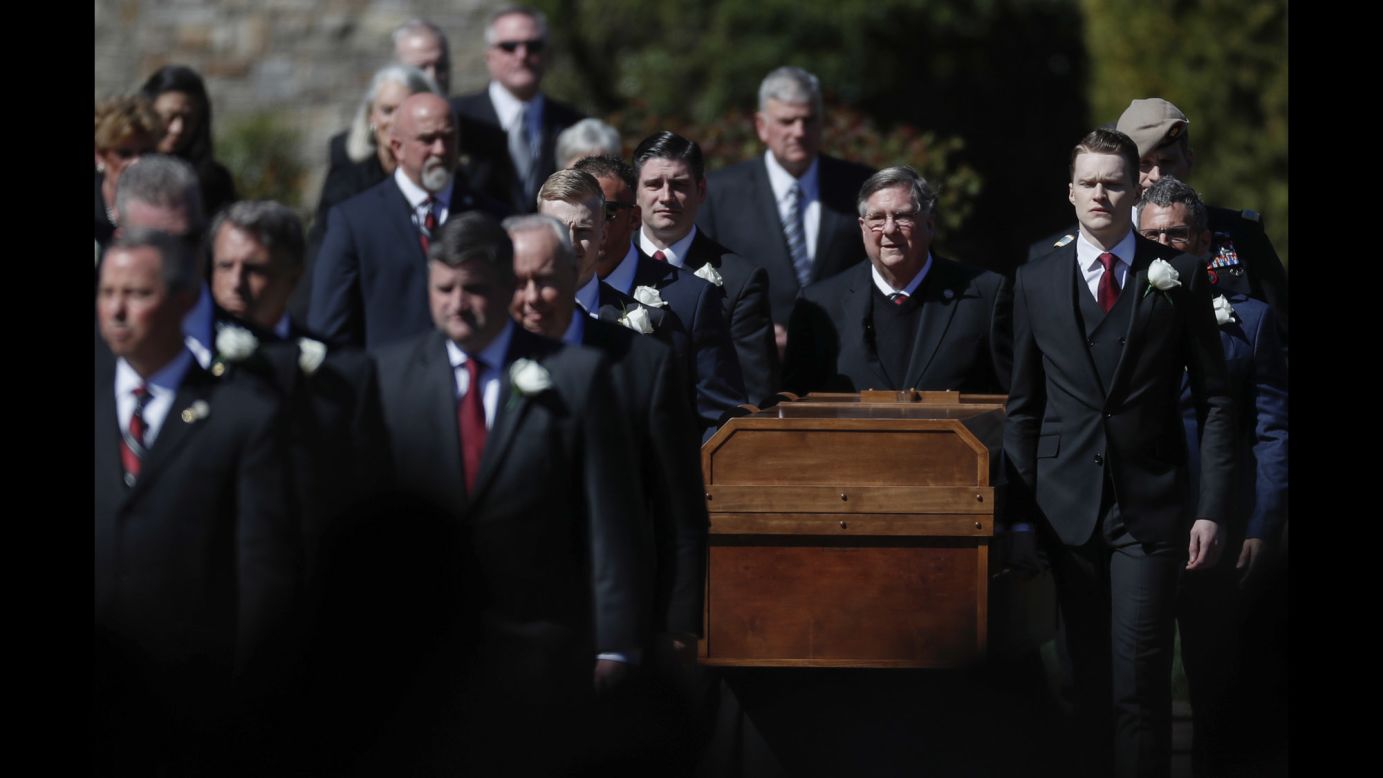 Pallbearers carry the casket of the Rev. Billy Graham during the evangelist's <a href="http://www.cnn.com/2018/02/28/us/gallery/billy-graham-repose/index.html" target="_blank">funeral service</a> in Charlotte, North Carolina, on Friday, March 2. <a href="http://www.cnn.com/2012/11/09/us/gallery/billy-graham/index.html" target="_blank">See photos from Graham's life</a>