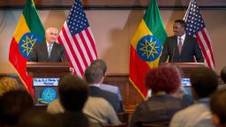 US Secretary of State Rex Tillerson, left, addresses the media after his meeting with Ethiopian Foreign Minister Dr. Workneh Gebeyehu at a joint press conference in Addis Ababa, Ethiopia, Thursday, March 8, 2018. The top U.S. diplomat and a top African official tried Thursday to move past President Donald Trump's slur about Africa, deeming it a closed matter that need not be revisited.