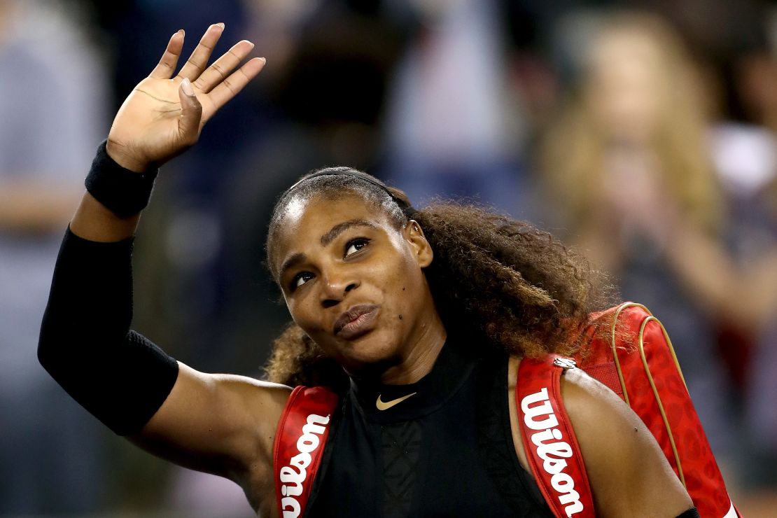 Serena Williams waves during the Indian Wells tournament in March 2018 in California.