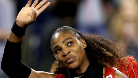 Serena Williams waves during the Indian Wells tournament in March 2018 in California.